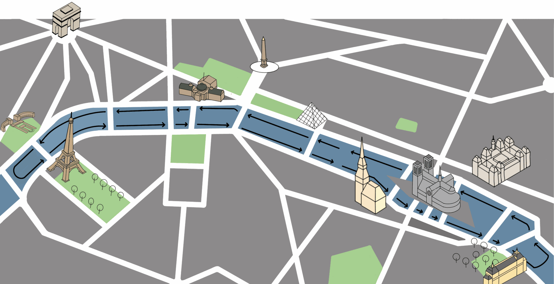 Map illustration showing the private boat cruise route along the Seine River in Paris, passing by iconic landmarks such as the Eiffel Tower and Notre Dame, perfect for a personalized sightseeing experience.